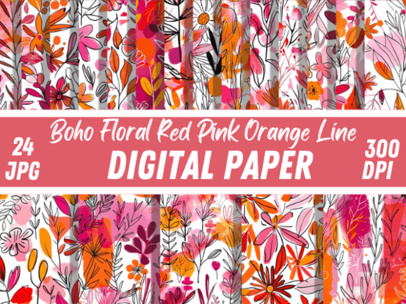 Download Boho Floral Red Pink Orange Line Pattern - Premium Resources